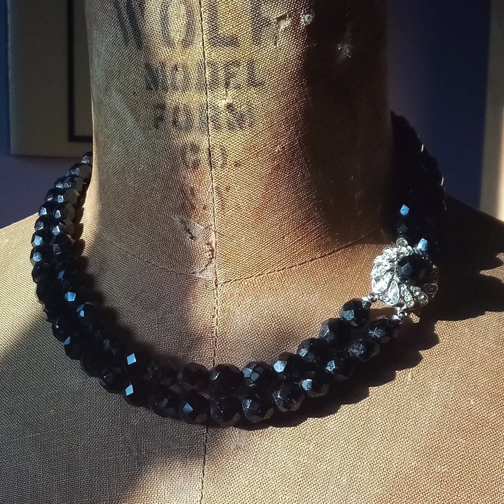 Vintage mid century 2 strand faceted black bead necklace rhinestone clasp